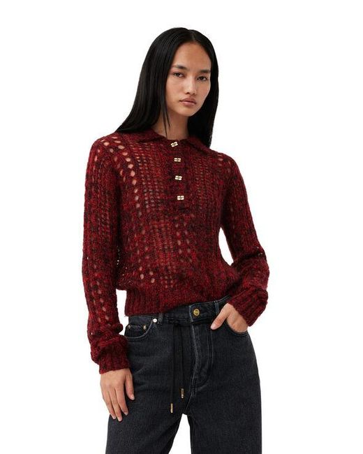 Ganni Red Mohair Lace Polo Sweater