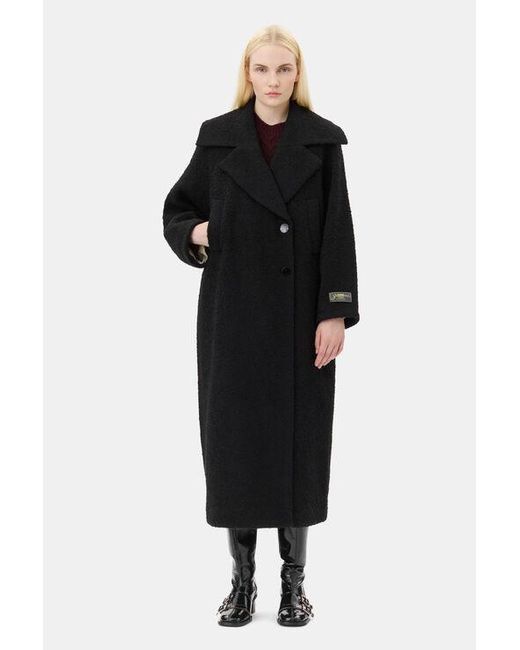 Ganni Black Long Boucle Wool Coat