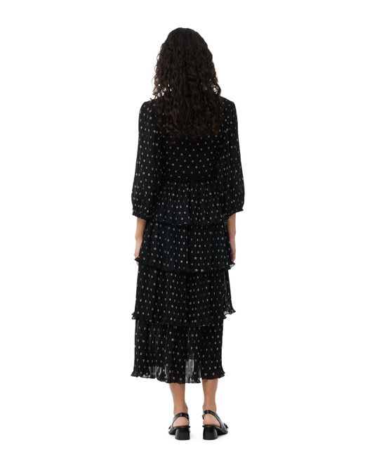 Ganni Black 3/4 Sleeve Pleated Georgette Flounce Smock Midi Dress