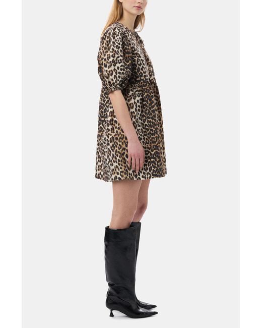 Ganni Natural Leopard Printed Cotton Tie String Mini Dress