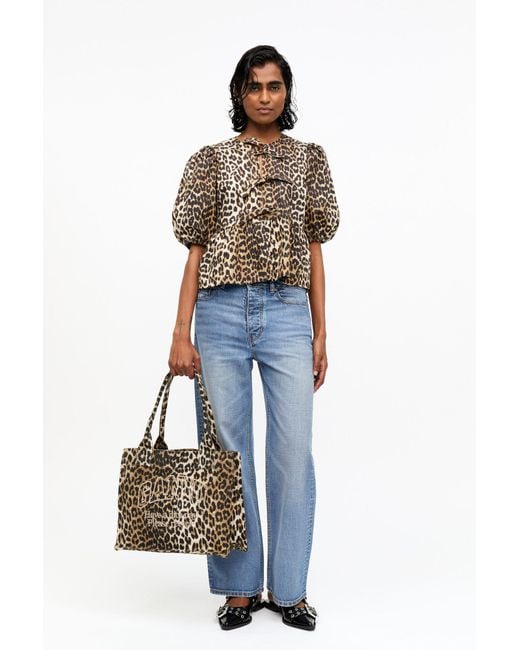 Sac Fourre-Tout En Toile À Imprimé Léopard En Mixed Coton Recyclé Ganni en coloris Blue