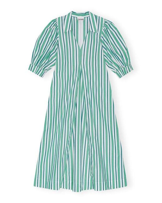 Ganni Green Striped Collar Long Dress