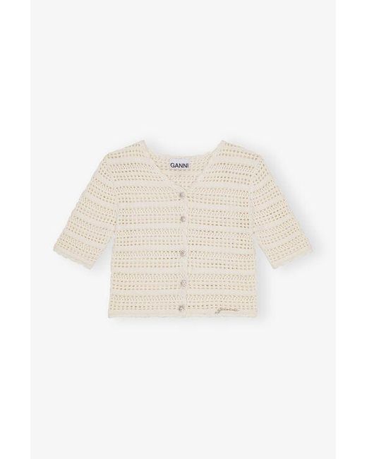 Ganni White Off- Pointelle Short Sleeve Cardigan