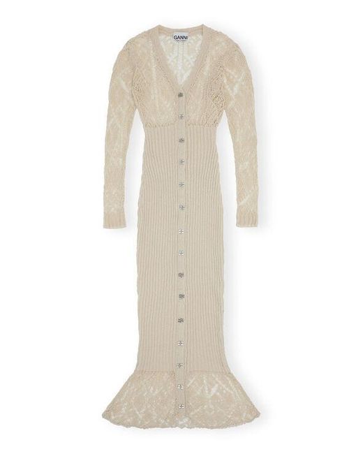 Ganni Natural Beige Cotton Lace Button Down Maxi Dress