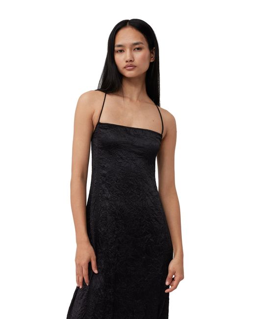 Ganni Black Crinkled Satin Midi Slip Dress Size 4 Elastane/polyester