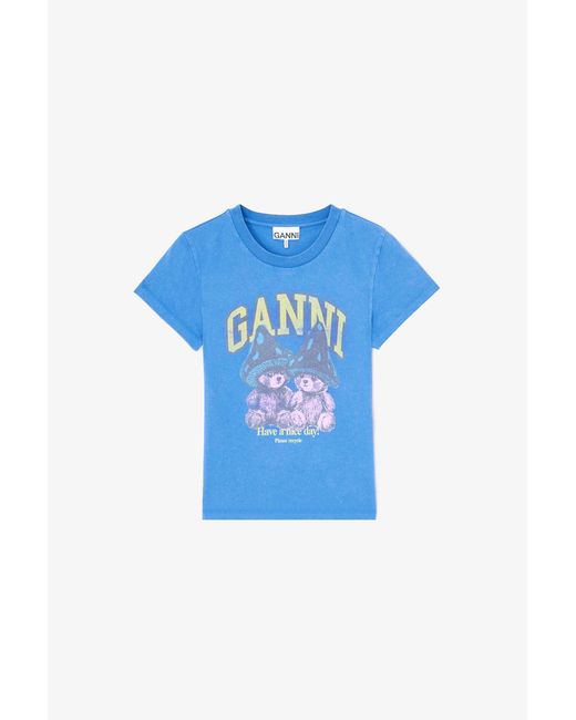 Ganni Blue Baby Fit T-Shirt With Mushroom Teddy