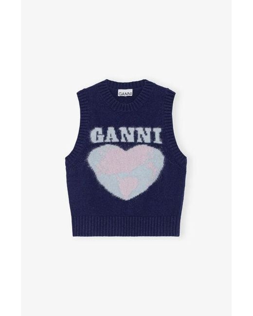 Ganni Blue Graphic Soft Wool Mix Vest