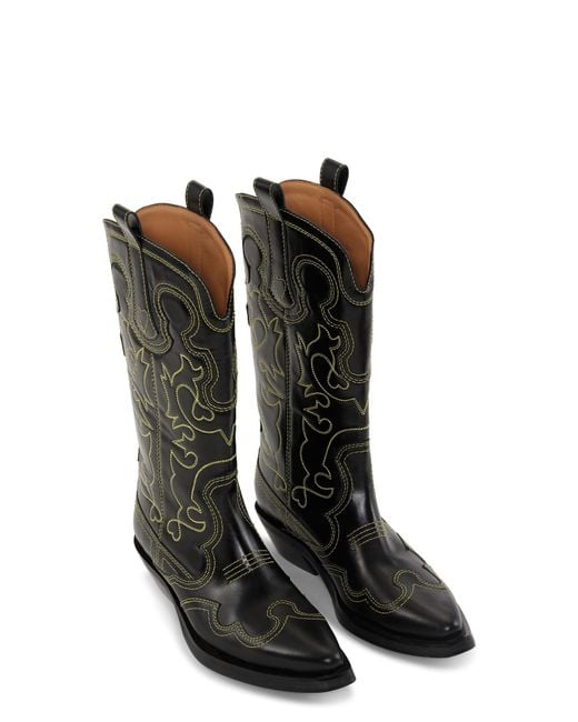 Ganni Black /yellow Mid Shaft Embroidered Western Boots