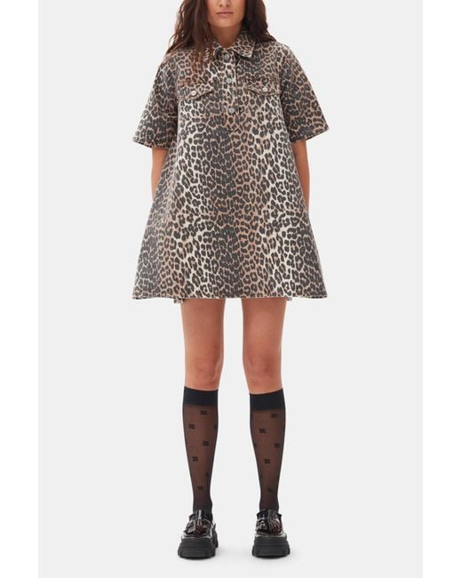 Ganni Brown Organic Denim Leopard Mini Dress