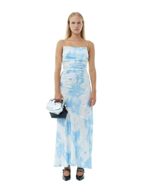 Ganni Blue Printed Satin Ruched Long Slip Dress
