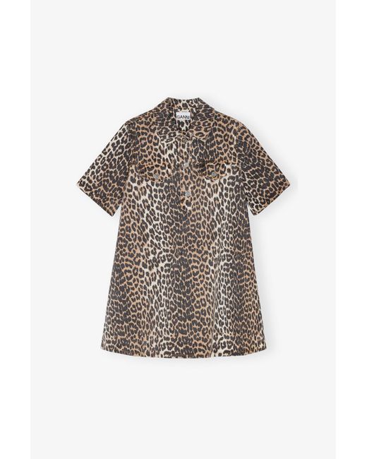 Ganni Brown Organic Denim Leopard Mini Dress
