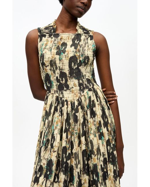 Ganni Multicolor Printed Pleats Smock Midi Straps Dress