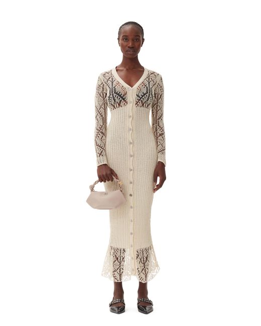 Ganni Natural Beige Cotton Lace Button Down Maxi Dress