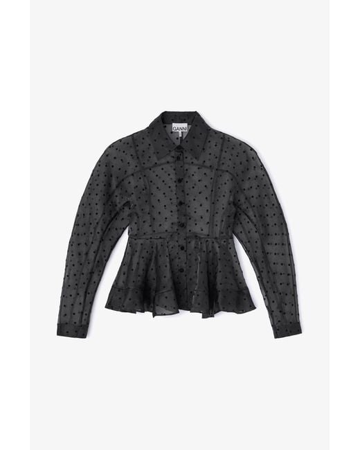 Ganni Black Organza Peplum Shirt