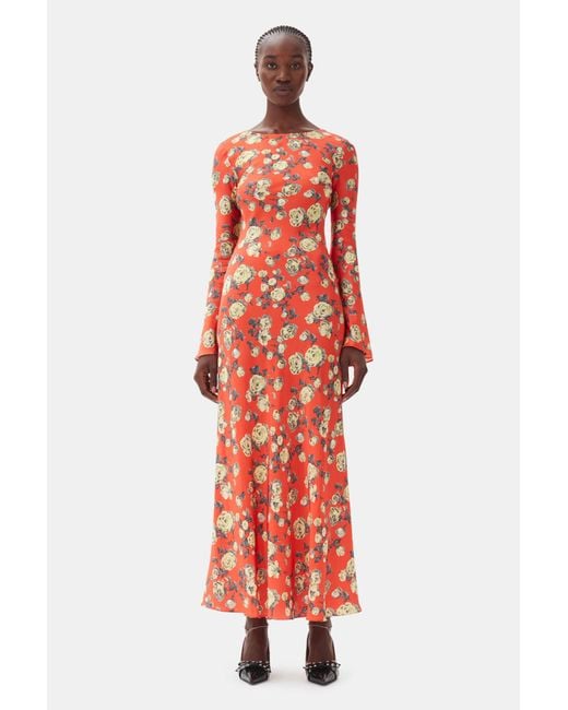 Ganni Red Floral Printed Satin Maxi Dress