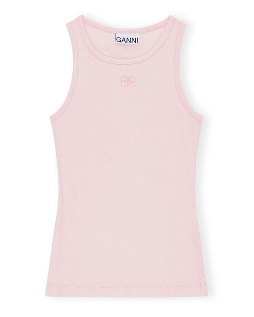Ganni White Light Pink Soft Cotton Rib Tank Top