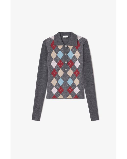Ganni Gray Dark Knitted Polo Shirt