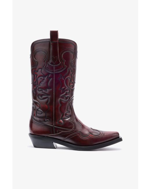 Ganni Purple Mid Shaft Embroidered Western Boots