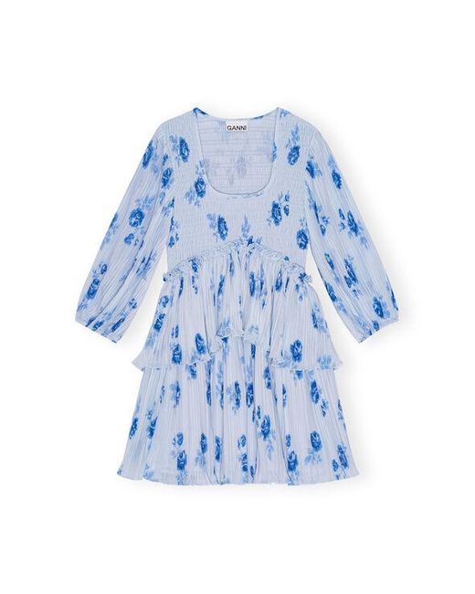 Ganni Blue Pleated Georgette Flounce Smock Mini Dress
