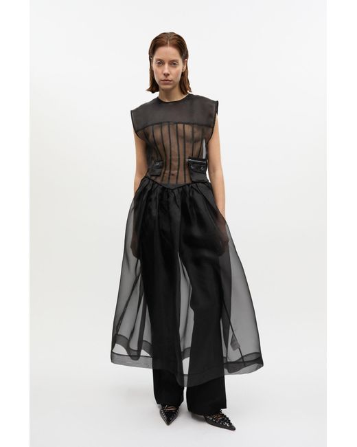 Ganni Black Technical Organza Corset Midi Dress
