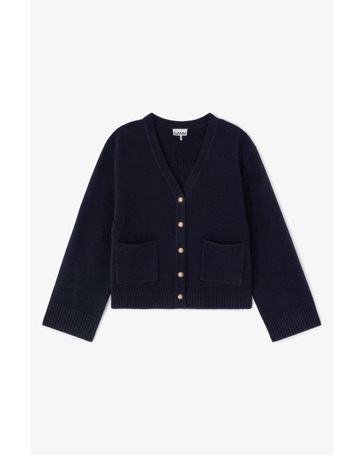 Ganni Blue Classic Wool Cardigan