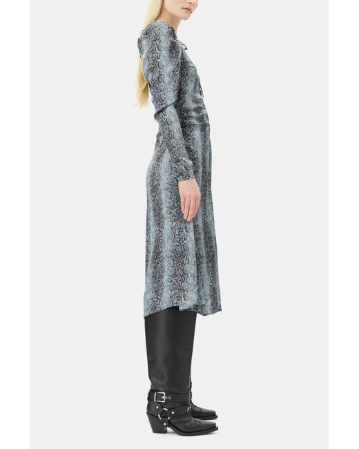 Ganni Blue Snake Print Ruched Midi Dress