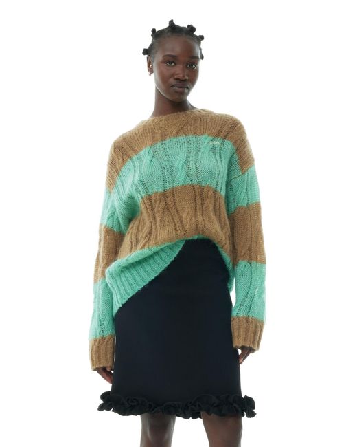 Ganni Green Striped Mohair Cable O-neck Sweater