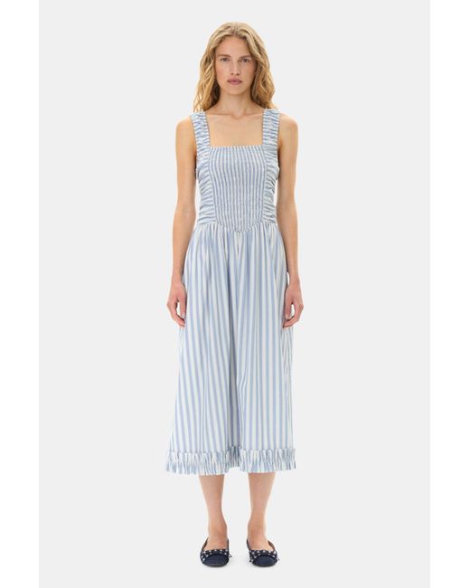 Ganni Blue Stripe Cotton Midi Strap Smock Dress