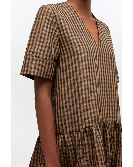Ganni Brown Crinkled Check Long Dress