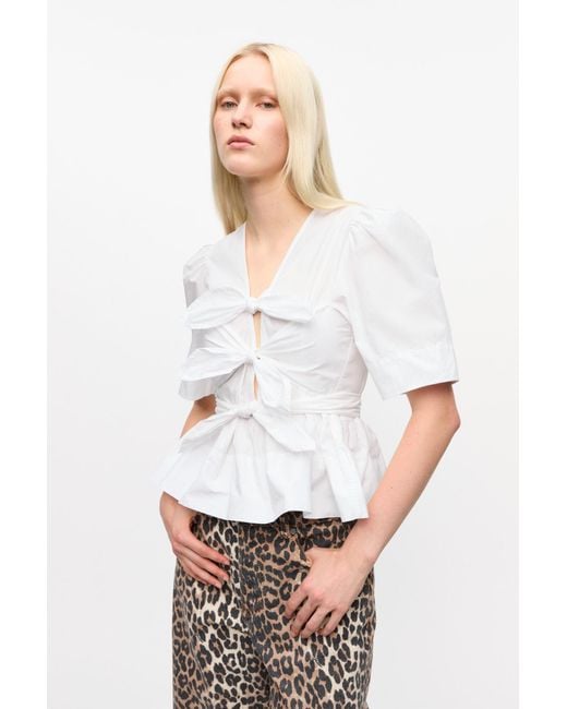 Ganni White Washed Stretch Cotton Tie Strap Blouse