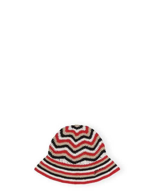 Ganni White Red Cotton Crochet Bucket Hat