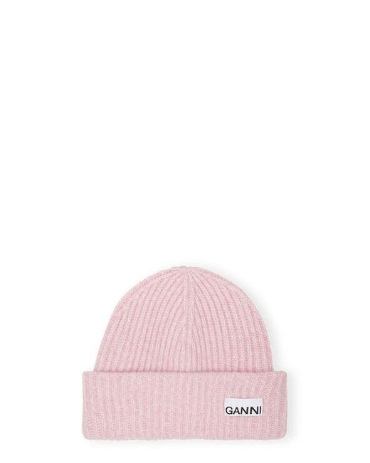 Ganni Light Pink Fitted Rib Knit Wool Beanie