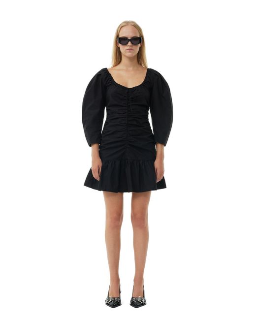Ganni Black Cottonpoplin Gathered U-neck Mini Dress Size 4