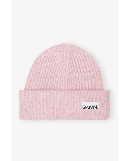 Ganni Pink Structured Rib Wool Blend Beanie
