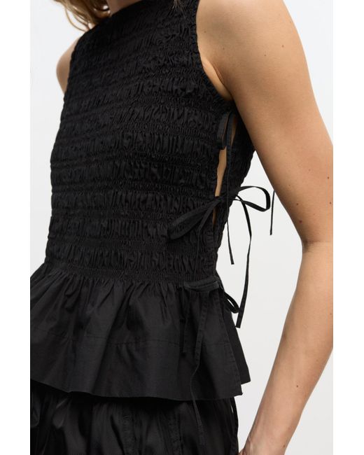 Ganni Black Cotton Smock Tie Top