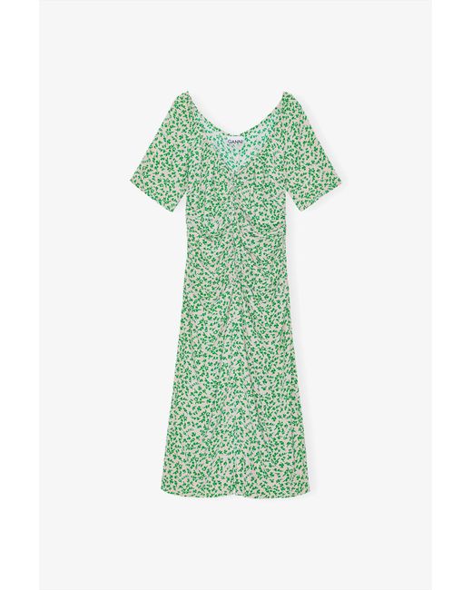 Ganni Green Printed Crepe U-Neck Midi Dress