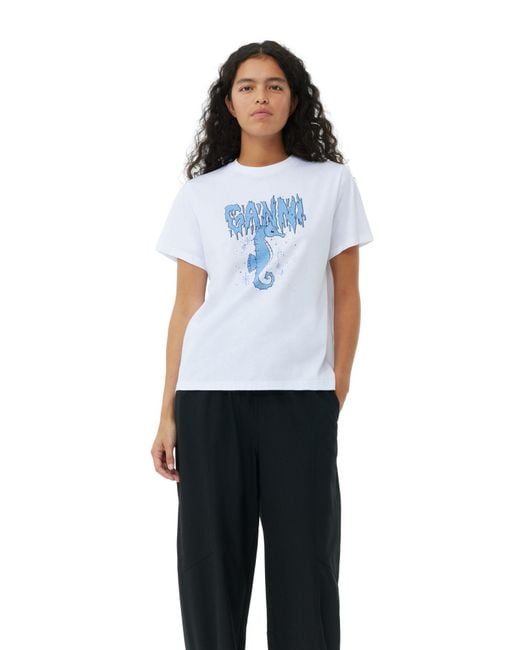 T-shirt White Relaxed Seahorse Taille 3XL Coton/Coton Biologique Ganni en coloris Blue