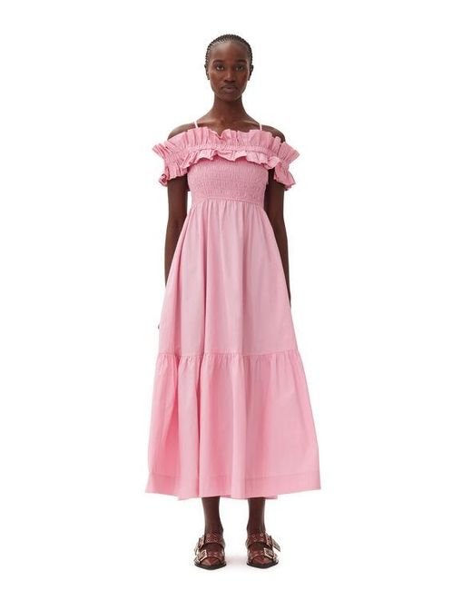Ganni Pink Cotton Poplin Long Smock Dress