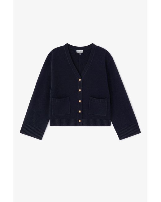 Ganni Blue Classic Wool Cardigan