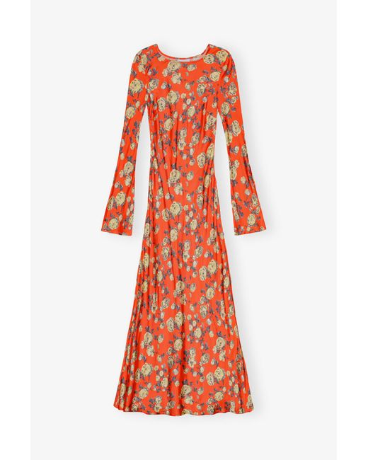Ganni Red Floral Printed Satin Maxi Dress