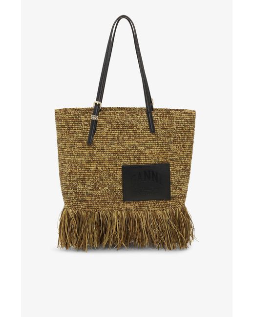 Ganni Multicolor Raffia Tote Fringes Bag Small