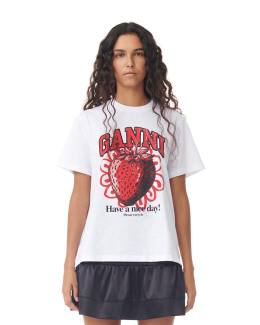 Ganni Red White Relaxed Strawberry T-Shirt