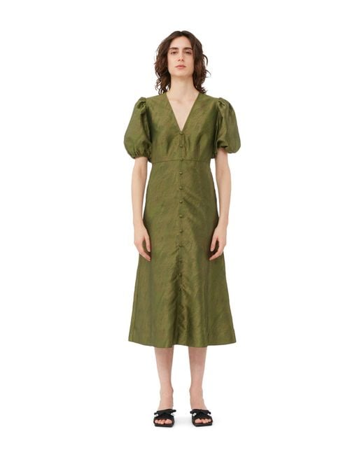 Ganni Green Shiny Jacquard V-Neck Midi Dress