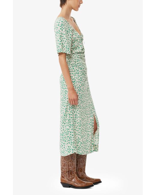 Ganni Green Printed Crepe U-Neck Midi Dress