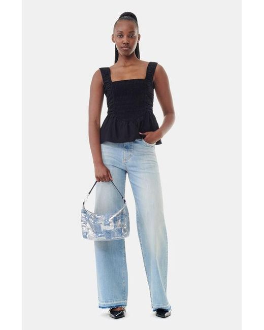 Ganni Blue Sequin Medium Butterfly Pouch Satin Bag