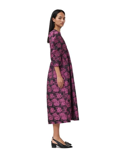 Ganni Purple Cone Flower Pink Botanical Jacquard V-neck Midi Dress Size 4 Polyamide/recycled Polyester