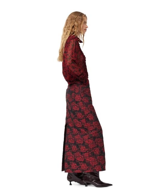 Ganni Red Botanical Jacquard Long Skirt