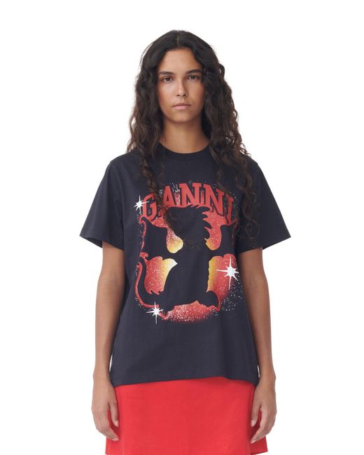 Ganni Red Dark Grey Relaxed Dragon T-shirt Size 2xs Organic Cotton
