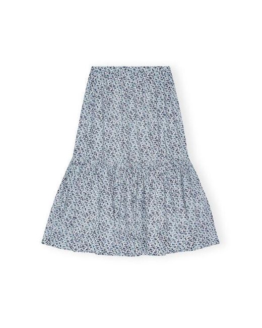 Ganni Blue Floral Printed Cotton Maxi Flounce Skirt