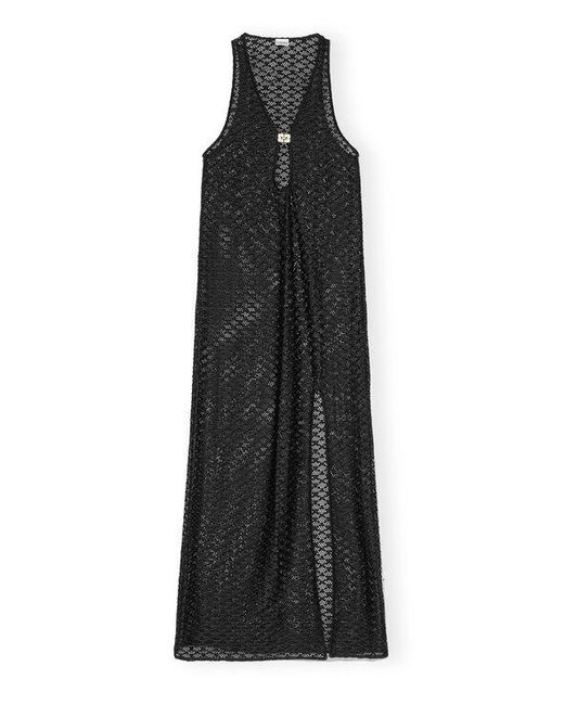 Ganni Black Mesh Lace Long Dress